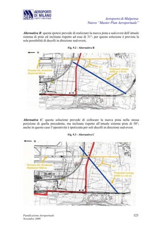 Aeroporto di Malpensa
                                                    Nuovo “Master Plan Aeroportuale”

Alternativa B: questa ipotesi prevede di realizzare la nuova pista a sud-ovest dell’attuale
sistema di piste ed inclinata rispetto ad esse di 31°; per questa soluzione è prevista la
sola possibilità di decolli in direzione sud-ovest;

                                   Fig. 9.2 - Alternativa B




Alternativa C: questa soluzione prevede di collocare la nuova pista nella stessa
posizione di quella precedente, ma inclinata rispetto all’attuale sistema piste di 50°;
anche in questo caso l’operatività è ipotizzata per soli decolli in direzione sud-ovest.

                                  Fig. 9.3 - Alternativa C




Pianificazione Aeroportuale                                                           123
Novembre 2009
 