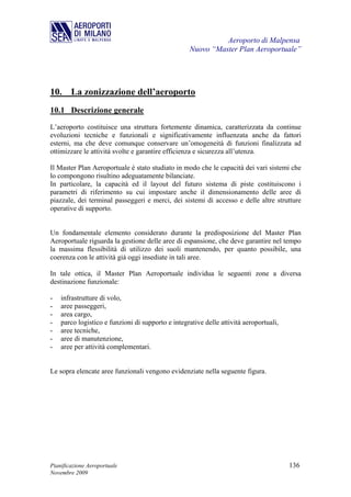 Aeroporto di Malpensa
                                                   Nuovo “Master Plan Aeroportuale”




10. La zonizzazione dell’aeroporto
10.1 Descrizione generale
L’aeroporto costituisce una struttura fortemente dinamica, caratterizzata da continue
evoluzioni tecniche e funzionali e significativamente influenzata anche da fattori
esterni, ma che deve comunque conservare un’omogeneità di funzioni finalizzata ad
ottimizzare le attività svolte e garantire efficienza e sicurezza all’utenza.

Il Master Plan Aeroportuale è stato studiato in modo che le capacità dei vari sistemi che
lo compongono risultino adeguatamente bilanciate.
In particolare, la capacità ed il layout del futuro sistema di piste costituiscono i
parametri di riferimento su cui impostare anche il dimensionamento delle aree di
piazzale, dei terminal passeggeri e merci, dei sistemi di accesso e delle altre strutture
operative di supporto.


Un fondamentale elemento considerato durante la predisposizione del Master Plan
Aeroportuale riguarda la gestione delle aree di espansione, che deve garantire nel tempo
la massima flessibilità di utilizzo dei suoli mantenendo, per quanto possibile, una
coerenza con le attività già oggi insediate in tali aree.

In tale ottica, il Master Plan Aeroportuale individua le seguenti zone a diversa
destinazione funzionale:

-   infrastrutture di volo,
-   aree passeggeri,
-   area cargo,
-   parco logistico e funzioni di supporto e integrative delle attività aeroportuali,
-   aree tecniche,
-   aree di manutenzione,
-   aree per attività complementari.


Le sopra elencate aree funzionali vengono evidenziate nella seguente figura.




Pianificazione Aeroportuale                                                             136
Novembre 2009
 
