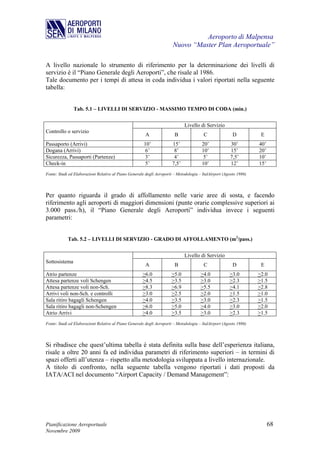 Aeroporto di Malpensa
                                                                       Nuovo “Master Plan Aeroportuale”

A livello nazionale lo strumento di riferimento per la determinazione dei livelli di
servizio è il “Piano Generale degli Aeroporti”, che risale al 1986.
Tale documento per i tempi di attesa in coda individua i valori riportati nella seguente
tabella:


               Tab. 5.1 – LIVELLI DI SERVIZIO - MASSIMO TEMPO DI CODA (min.)


                                                                              Livello di Servizio
Controllo o servizio
                                                        A               B                C               D           E
Passaporto (Arrivi)                                    10’             15’              20’            30’          40’
Dogana (Arrivi)                                        6’               8’              10’            15’          20’
Sicurezza, Passaporti (Partenze)                       3’               4’              5’             7,5’         10’
Check-in                                               5’              7,5’             10’            12’          15’
Fonte: Studi ed Elaborazioni Relative al Piano Generale degli Aeroporti – Metodologia – ItalAirport (Agosto 1986)




Per quanto riguarda il grado di affollamento nelle varie aree di sosta, e facendo
riferimento agli aeroporti di maggiori dimensioni (punte orarie complessive superiori ai
3.000 pass./h), il “Piano Generale degli Aeroporti” individua invece i seguenti
parametri:


            Tab. 5.2 – LIVELLI DI SERVIZIO - GRADO DI AFFOLLAMENTO (m2/pass.)


                                                                              Livello di Servizio
Sottosistema
                                                        A               B                C               D           E
Atrio partenze                                        >6.0            >5.0             >4.0            >3.0         >2.0
Attesa partenze voli Schengen                         >4.5            >3.5             >3.0            >2.3         >1.5
Attesa partenze voli non-Sch.                         >8.3            >6.9             >5.5            >4.1         >2.8
Arrivi voli non-Sch. e controlli                      >3.0            >2.5             >2.0            >1.5         >1.0
Sala ritiro bagagli Schengen                          >4.0            >3.5             >3.0            >2.3         >1.5
Sala ritiro bagagli non-Schengen                      >6.0            >5.0             >4.0            >3.0         >2.0
Atrio Arrivi                                          >4.0            >3.5             >3.0            >2.3         >1.5
Fonte: Studi ed Elaborazioni Relative al Piano Generale degli Aeroporti – Metodologia – ItalAirport (Agosto 1986)




Si ribadisce che quest’ultima tabella è stata definita sulla base dell’esperienza italiana,
risale a oltre 20 anni fa ed individua parametri di riferimento superiori – in termini di
spazi offerti all’utenza – rispetto alla metodologia sviluppata a livello internazionale.
A titolo di confronto, nella seguente tabella vengono riportati i dati proposti da
IATA/ACI nel documento “Airport Capacity / Demand Management”:




Pianificazione Aeroportuale                                                                                               68
Novembre 2009
 