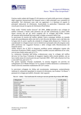 Aeroporto di Malpensa
                                                      Nuovo “Master Plan Aeroportuale”


Il primo studio redatto dal Gruppo CLAS riportava un’analisi delle previsioni sviluppate
dagli organismi internazionali del trasporto aereo e dalle principali case costruttrici di
aeromobili. Tali riferimenti sono stati ora aggiornati e si riportano di seguito le
principali indicazioni di riferimento, focalizzando in particolare l’attenzione sulla
crescita prevista per la regione di riferimento (Nord Italia).

Nello studio “Global market forecast” del 2004, Airbus prevedeva uno sviluppo di
traffico sostenuto e basato sulla premessa che gli hub costituiscono la chiave della
futura crescita (da qui gli sforzi compiuti per lo sviluppo dell’A380), insieme
all’aumento della domanda derivante dallo sviluppo economico della Cina.
La previsione di crescita del traffico globale veniva comunque definita sia tenendo
conto del consolidamento delle rotte hub-to-hub (favorite dal fattore costi e dal fatto che
la logica hub & spoke è quella che sottende lo sviluppo delle alleanze tra i Vettori), sia
considerando lo sviluppo di nuovi servizi diretti tra le principali città (che tengono conto
delle preferenze dei viaggiatori business e dello sviluppo della liberalizzazione del
trasporto aereo).
Airbus stimava che al 2023 le frequenze sarebbero potute raddoppiare rispetto alla
situazione di partenza (2004), mentre il traffico sarebbe cresciuto addirittura di tre volte,
con un tasso medio annuo pari al 5,3 %.
Le valutazioni formulate dall’Airbus evidenziavano come lo sviluppo del traffico
da/verso la Cina fosse l’elemento di maggiore impulso della crescita globale, con un
tasso medio annuo di crescita previsto per il periodo 2004 - 2023 sulle relazioni tra Cina
e resto dell’Asia, pari al 9,1 %.
Per quanto riguarda l’Europa occidentale, la crescita maggiore era prevista sui
collegamenti con il Medio Oriente (7,6 %), mentre il traffico domestico e continentale si
riteneva dovesse aumentare mediamente del 5,0 % annuo.

Le previsioni sviluppate da Airbus più recentemente, mantengono sostanzialmente
inalterate le valutazioni riguardanti lo scenario di riferimento, ma rivedono “al ribasso” i
parametri di sviluppo prevedibili, fornendo i dati seguenti:

  Tab. 6.4 – Airbus – Tassi medi annui di crescita per mercato (periodo di previsione 2007-2026)

   Collegamenti                                                               crescita annua
   domestici europei                                                               3,5%
   Intraeuropei                                                                    3,8%
   Europa Occidentale – Europa Orientale                                           6,9%
   Europa – USA                                                                    4,5%
   Europa – Asia                                                                   4,8%
   Europa – Cina                                                                   6,6%
   Europa – Sud America                                                            6,2%
   Europa – Medio Oriente                                                          3,5%
   Europa – Africa                                                                 3,5%
   Europa – Subcontinente Indiano                                                  6,5%




Pianificazione Aeroportuale                                                                    83
Novembre 2009
 