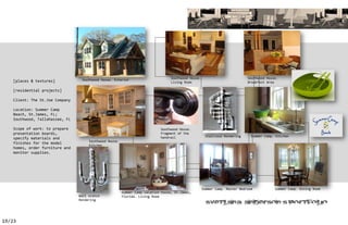 Southwood House.                           Southwood House.
    [places & textures]           Southwood House. Exterior
                                                                                   Living Room                                Breakfast Area

    [residential projects]

    Client: The St.Joe Company

    Location: Summer Camp
    Beach, St.James, FL;
    Southwood, Tallahassee, FL

    Scope of work: to prepare                                                Southwood House.
    presentation boards,                                                     Fragment of the
                                                                             handrail                  Staircase Rendering      Summer Camp. Kitchen
    specify materials and
                                      Southwood House.
    finishes for the model
                                      Kitchen
    homes, order furniture and
    monitor supplies.




                                                                                                      Summer Camp. Master Bedroom           Summer Camp. Dining Room
                                                         Summer Camp vacation house, St.James,
                                 Wall sconce             Florida. Living Room
                                 Rendering
                                                                                                                                                 ’


19/23
 