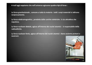 A	
 tu%'oggi	
 sappiamo	
 che	
 nell'universo	
 agiscono	
 qua%ro	
 6pi	
 di	
 forze	
 :	
 	
 	
 
	
 
	
 
La	
 forza	
 gravitazionale	
 ,	
 comune	
 a	
 tu%a	
 la	
 materia	
 :	
 tu=	
 i	
 corpi	
 materiali	
 si	
 a=rano	
 
reciprocamente.	
 	
 	
 	
 
	
 
La	
 forza	
 ele%romagne6ca	
 ,	
 prodo%a	
 dalle	
 cariche	
 ele%riche	
 :	
 è	
 sia	
 a%ra=va	
 che	
 
repulsiva.	
 	
 
	
 
La	
 forza	
 nucleare	
 debole,	
 agisce	
 all'interno	
 dei	
 nuclei	
 atomici	
 :	
 	
 è	
 responsabile	
 della	
 
radioa=vità.	
 	
 
	
 
La	
 forza	
 nucleare	
 forte,	
 agisce	
 all'interno	
 dei	
 nuclei	
 atomici	
 :	
 6ene	
 assieme	
 protoni	
 e	
 
neutroni.	
 	
 
	
 
	
 
	
 
 