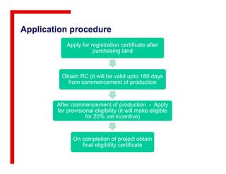 Application procedure
Apply for registration certificate after
purchasing land
Obtain RC (it will be valid upto 180 days
from commencement of production
After commencement of production - Apply
for provisional eligibility (it will make eligible
for 20% vat incentive)
On completion of project obtain
final eligibility certificate
 