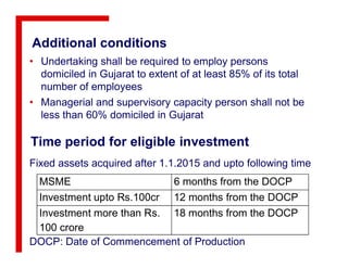 Time period for eligible investment
Additional conditions
• Undertaking shall be required to employ persons
domiciled in Gujarat to extent of at least 85% of its total
number of employees
• Managerial and supervisory capacity person shall not be
less than 60% domiciled in Gujarat
MSME 6 months from the DOCP
Investment upto Rs.100cr 12 months from the DOCP
Investment more than Rs.
100 crore
18 months from the DOCP
Time period for eligible investment
Fixed assets acquired after 1.1.2015 and upto following time
DOCP: Date of Commencement of Production
 