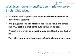 Uniting agriculture and nature for poverty reduction
WLE Sustainable Intensification Implementation
Briefs: Objectives
• Elaborate WLE’s approach to sustainable intensification of
agricultural systems
• Bring together the scientific evidence and solutions across
the WLE portfolio that contribute to this transition
• Present the work in an engaging way as a Flagship product of
WLE
• Target investors, development professionals and researchers
 