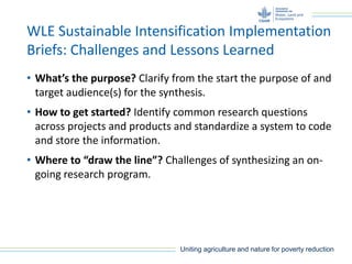 Uniting agriculture and nature for poverty reduction
WLE Sustainable Intensification Implementation
Briefs: Challenges and Lessons Learned
• What’s the purpose? Clarify from the start the purpose of and
target audience(s) for the synthesis.
• How to get started? Identify common research questions
across projects and products and standardize a system to code
and store the information.
• Where to “draw the line”? Challenges of synthesizing an on-
going research program.
 