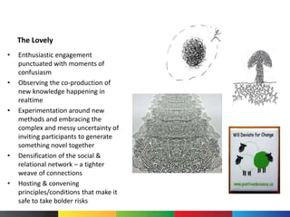 The Lovely
• Enthusiastic engagement
punctuated with moments of
confusiasm
• Observing the co-production of
new knowledge happening in
realtime
• Experimentation around new
methods and embracing the
complex and messy uncertainty of
inviting participants to generate
something novel together
• Densification of the social &
relational network – a tighter
weave of connections
• Hosting & convening
principles/conditions that make it
safe to take bolder risks
 