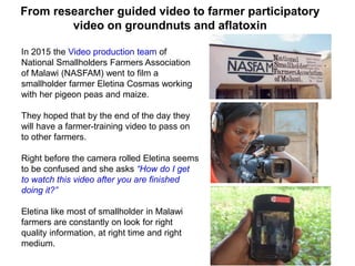 From researcher guided video to farmer participatory
video on groundnuts and aflatoxin
In 2015 the Video production team of
National Smallholders Farmers Association
of Malawi (NASFAM) went to film a
smallholder farmer Eletina Cosmas working
with her pigeon peas and maize.
They hoped that by the end of the day they
will have a farmer-training video to pass on
to other farmers.
Right before the camera rolled Eletina seems
to be confused and she asks “How do I get
to watch this video after you are finished
doing it?”
Eletina like most of smallholder in Malawi
farmers are constantly on look for right
quality information, at right time and right
medium.
 