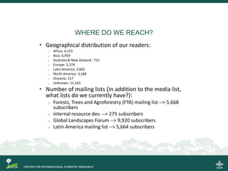 WHERE DO WE REACH?
• Geographical distribution of our readers:
o Africa: 4,125
o Asia: 6,959
o Australia & New Zealand : 751
o Europe: 5,374
o Latin America: 2,601
o North America: 3,168
o Oceania: 217
o Unknown: 11,163
• Number of mailing lists (in addition to the media list,
what lists do we currently have?):
o Forests, Trees and Agroforestry (FTA) mailing list --> 5,668
subscribers
o Internal resource dev. --> 275 subscribers
o Global Landscapes Forum --> 9,920 subscribers
o Latin America mailing list --> 5,664 subscribers
 