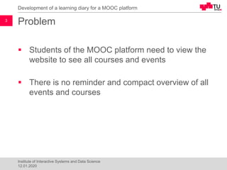 Problem
▪ Students of the MOOC platform need to view the
website to see all courses and events
▪ There is no reminder and compact overview of all
events and courses
Development of a learning diary for a MOOC platform
3
Institute of Interactive Systems and Data Science
12.01.2020
 