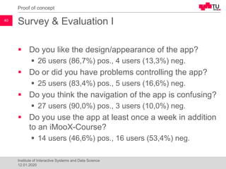 Survey & Evaluation I
▪ Do you like the design/appearance of the app?
▪ 26 users (86,7%) pos., 4 users (13,3%) neg.
▪ Do or did you have problems controlling the app?
▪ 25 users (83,4%) pos., 5 users (16,6%) neg.
▪ Do you think the navigation of the app is confusing?
▪ 27 users (90,0%) pos., 3 users (10,0%) neg.
▪ Do you use the app at least once a week in addition
to an iMooX-Course?
▪ 14 users (46,6%) pos., 16 users (53,4%) neg.
Proof of concept
40
Institute of Interactive Systems and Data Science
12.01.2020
 