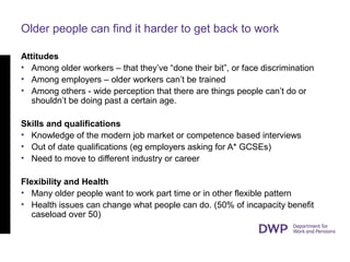 Older people can find it harder to get back to work
Attitudes
• Among older workers – that they’ve “done their bit”, or face discrimination
• Among employers – older workers can’t be trained
• Among others - wide perception that there are things people can’t do or
shouldn’t be doing past a certain age.
Skills and qualifications
• Knowledge of the modern job market or competence based interviews
• Out of date qualifications (eg employers asking for A* GCSEs)
• Need to move to different industry or career
Flexibility and Health
• Many older people want to work part time or in other flexible pattern
• Health issues can change what people can do. (50% of incapacity benefit
caseload over 50)
 