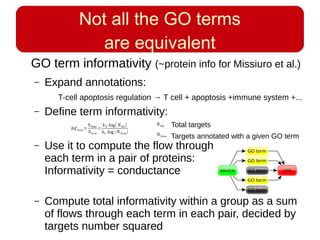 Not all the GO terms
are equivalent
GO term informativity (~protein info for Missiuro et al.)
– Expand annotations:
T-cell apoptosis regulation → T cell + apoptosis +immune system +...
– Define term informativity:
– Use it to compute the flow through
each term in a pair of proteins:
Informativity = conductance
– Compute total informativity within a group as a sum
of flows through each term in each pair, decided by
targets number squared
InfTerm=
STotal
STerm
=
kb⋅log(NTot)
kb⋅log (NTerm)
NTot
NTerm
Total targets
Targets annotated with a given GO term
 