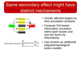 Same secondary effect might have
distinct mechanisms
● Cluster affected targets by
their annotation similarity
● Compute GO-based
information circulation
within each cluster and
sort GO terms by
informativity
● Use clusters as additional
polypharmacological
action models
 