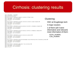 Cirrhosis: clustering results
Clustering:
HSC at Drugdesign tech
4 major clusters
1 of them (all 4 were
informative and relevant)
most informative of them:
KSYK_HUMAN,
CSK_HUMAN
 