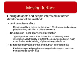 Moving further
Finding datasets and people interested in further
development of the method:
– SNP cumulative effect
Requires ability to project on the protein 3D structure and estimate
protein activity inhibition in different contexts
– Drug Design : secondary effect prediction
Typical pharmaceutical firms datastores contain way more
information about toxicity of different compounds and allow much
more finely tuned modeling of pharmacological effects
– Difference between animal and human interactomes:
Predict unexpected polypharmacological effects upon transition
from animal to human trials
 