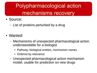 Polypharmacological action
mechanisms recovery
● Source:
– List of proteins perturbed by a drug
● Wanted:
– Mechanisms of unexpected pharmacological action,
understandable for a biologist
● Pathway, biological entities, mechanism names
● Ordered by relevance
– Unexpected pharmacological action mechanism
model, usable for prediction on new drugs
 