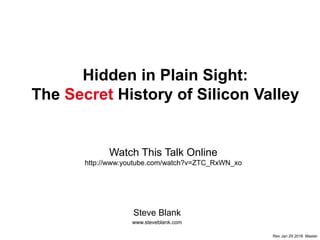 Hidden in Plain Sight:
The Secret History of Silicon Valley
Steve Blank
www.steveblank.com
Rev May 4 2016 Master
• Multiple copies of each slide
• Select a subset for a specific presentation
• See: http://steveblank.com/secret-history/
for backstory and videos
Master slide set
 
