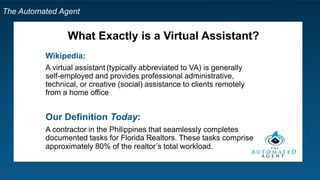The Automated Agent
What Exactly is a Virtual Assistant?
Wikipedia:
A virtual assistant (typically abbreviated to VA) is generally
self-employed and provides professional administrative,
technical, or creative (social) assistance to clients remotely
from a home office
Our Definition Today:
A contractor in the Philippines that seamlessly completes
documented tasks for Florida Realtors. These tasks comprise
approximately 80% of the realtor’s total workload.
 