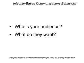 Integrity-Based Communications Behaviors
• Who is your audience?
• What do they want?
Integrity-Based Communications copyright 2013 by Shelley Page Baur
 
