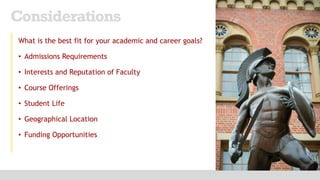 What is the best fit for your academic and career goals?
• Admissions Requirements
• Interests and Reputation of Faculty
• Course Offerings
• Student Life
• Geographical Location
• Funding Opportunities
Considerations
 