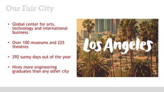 • Global center for arts,
technology and international
business
• Over 100 museums and 225
theatres
• 292 sunny days out of the year
• Hires more engineering
graduates than any other city
Our Fair City
 