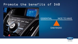 Promote the benefits of DAB


                 ESSENTIAL   NICE TO HAVE



                        DAB RADIO
 