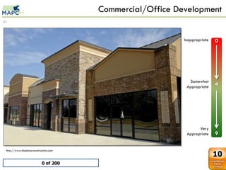 Commercial/Office Development
41



                                                           Inappropriate   0
             Strip Center Brick
             0         0
             1         1
             2         2
             3         3
             4         4
             5         5                                     Somewhat
             6         6
                                                            Appropriate    4
             7         7
             8         8
             9         9




                                                                  Very
                                                            Appropriate    9

 http://www.blueboarconstruction.com
                                                                           10
                           0 of 200
 