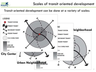 Scales of transit oriented development
  Transit oriented development can be done at a variety of scales:




                                             Transit Neighborhood




City Center

              Urban Neighborhood
                                                                     7
 