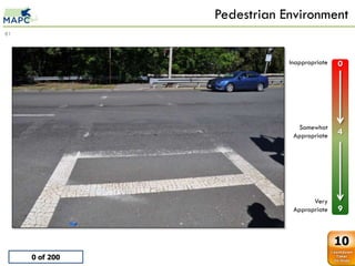 Pedestrian Environment
81



                                           Inappropriate   0

      0    0
               Bad crosswalk
      1    1
      2    2
      3    3
      4    4
      5    5                                 Somewhat
      6    6
                                            Appropriate    4
      7    7
      8    8
      9    9




                                                  Very
                                            Appropriate    9


                                                           10
     0 of 200
 