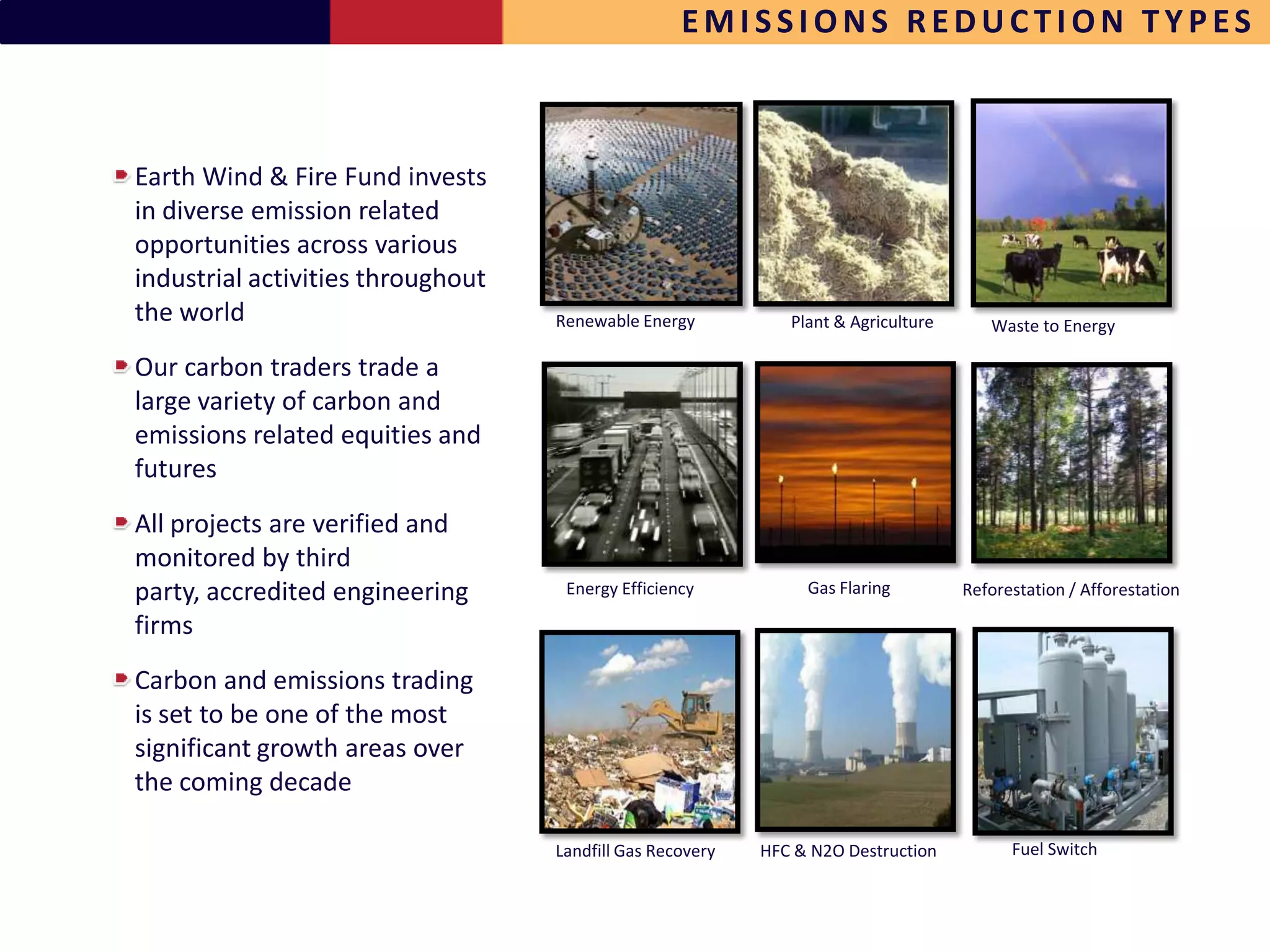 EMISSIONS REDUCTION TYPES



Earth Wind & Fire Fund invests
in diverse emission related
opportunities across various
industrial activities throughout
the world                          Renewable Energy           Plant & Agriculture      Waste to Energy

Our carbon traders trade a
large variety of carbon and
emissions related equities and
futures
All projects are verified and
monitored by third
party, accredited engineering       Energy Efficiency           Gas Flaring         Reforestation / Afforestation

firms
Carbon and emissions trading
is set to be one of the most
significant growth areas over
the coming decade

                                   Landfill Gas Recovery   HFC & N2O Destruction          Fuel Switch
 