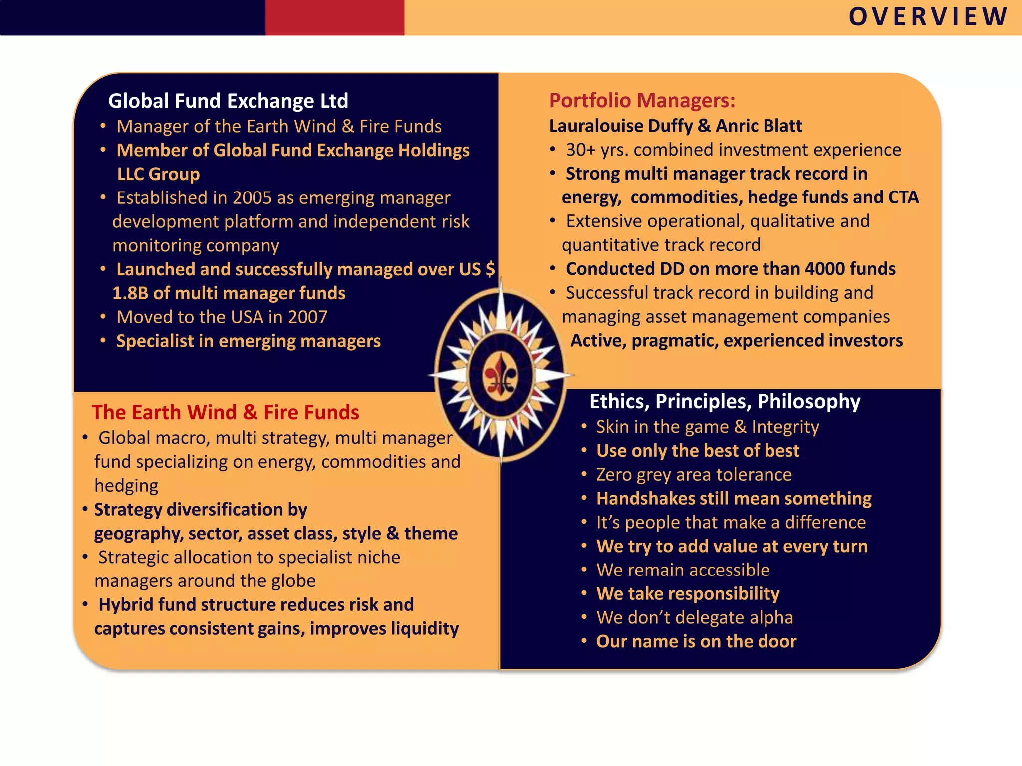 OVERVIEW

   Global Fund Exchange Ltd                       Portfolio Managers:
  • Manager of the Earth Wind & Fire Funds        Lauralouise Duffy & Anric Blatt
  • Member of Global Fund Exchange Holdings       • 30+ yrs. combined investment experience
    LLC Group                                     • Strong multi manager track record in
  • Established in 2005 as emerging manager         energy, commodities, hedge funds and CTA
    development platform and independent risk     • Extensive operational, qualitative and
    monitoring company                              quantitative track record
  • Launched and successfully managed over US $   • Conducted DD on more than 4000 funds
    1.8B of multi manager funds                   • Successful track record in building and
  • Moved to the USA in 2007                        managing asset management companies
  • Specialist in emerging managers               • Active, pragmatic, experienced investors


 The Earth Wind & Fire Funds                             Ethics, Principles, Philosophy
                                                     •   Skin in the game & Integrity
• Global macro, multi strategy, multi manager
                                                     •   Use only the best of best
  fund specializing on energy, commodities and
                                                     •   Zero grey area tolerance
  hedging
                                                     •   Handshakes still mean something
• Strategy diversification by
                                                     •   It’s people that make a difference
  geography, sector, asset class, style & theme
                                                     •   We try to add value at every turn
• Strategic allocation to specialist niche
                                                     •   We remain accessible
  managers around the globe
                                                     •   We take responsibility
• Hybrid fund structure reduces risk and
                                                     •   We don’t delegate alpha
  captures consistent gains, improves liquidity
                                                     •   Our name is on the door

PEOPLE - PLANET - PROFIT
 