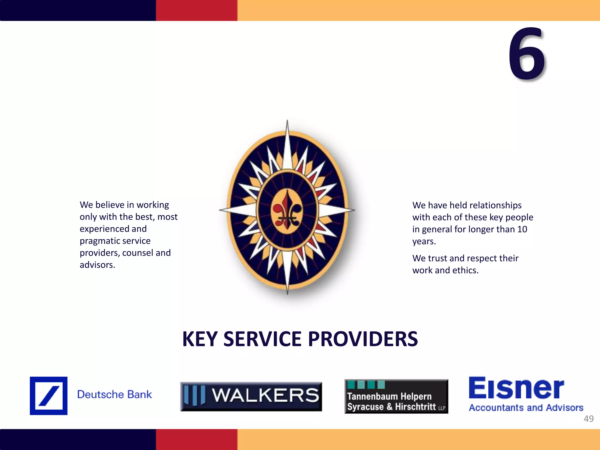 6
We believe in working                          We have held relationships
only with the best, most                       with each of these key people
experienced and                                in general for longer than 10
pragmatic service                              years.
providers, counsel and
                                               We trust and respect their
advisors.
                                               work and ethics.




                           KEY SERVICE PROVIDERS


                                                                               49
 