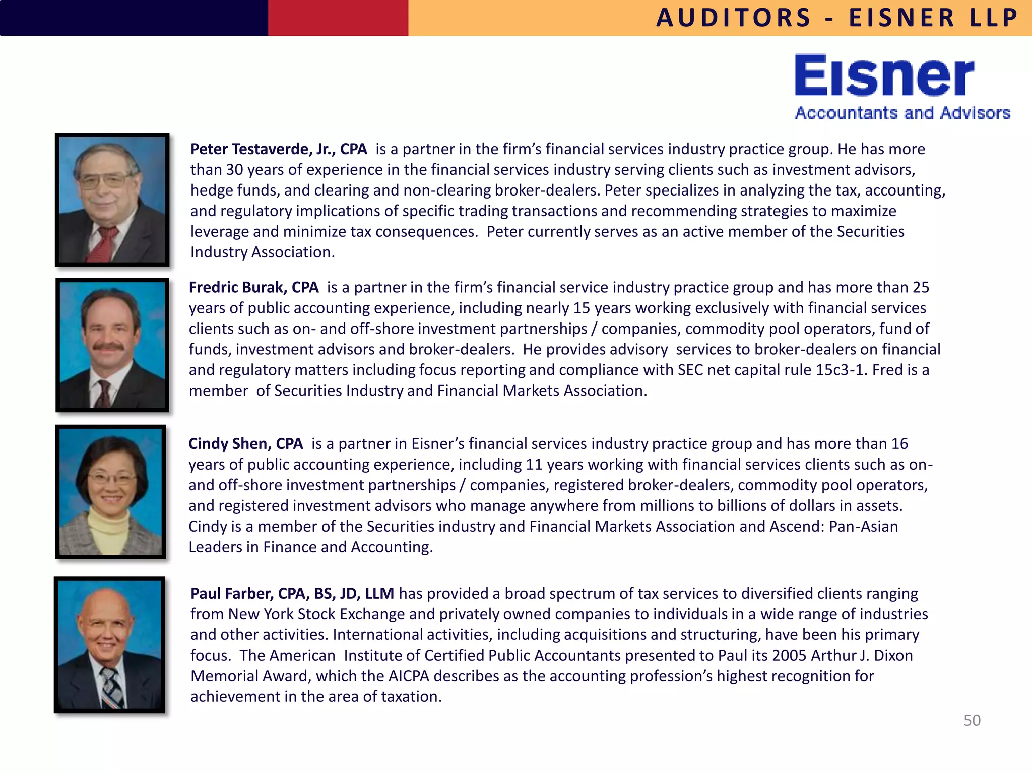 AUDITORS - EISNER LLP



Peter Testaverde, Jr., CPA is a partner in the firm’s financial services industry practice group. He has more
than 30 years of experience in the financial services industry serving clients such as investment advisors,
hedge funds, and clearing and non-clearing broker-dealers. Peter specializes in analyzing the tax, accounting,
and regulatory implications of specific trading transactions and recommending strategies to maximize
leverage and minimize tax consequences. Peter currently serves as an active member of the Securities
Industry Association.

Fredric Burak, CPA is a partner in the firm’s financial service industry practice group and has more than 25
years of public accounting experience, including nearly 15 years working exclusively with financial services
clients such as on- and off-shore investment partnerships / companies, commodity pool operators, fund of
funds, investment advisors and broker-dealers. He provides advisory services to broker-dealers on financial
and regulatory matters including focus reporting and compliance with SEC net capital rule 15c3-1. Fred is a
member of Securities Industry and Financial Markets Association.


Cindy Shen, CPA is a partner in Eisner’s financial services industry practice group and has more than 16
years of public accounting experience, including 11 years working with financial services clients such as on-
and off-shore investment partnerships / companies, registered broker-dealers, commodity pool operators,
and registered investment advisors who manage anywhere from millions to billions of dollars in assets.
Cindy is a member of the Securities industry and Financial Markets Association and Ascend: Pan-Asian
Leaders in Finance and Accounting.

Paul Farber, CPA, BS, JD, LLM has provided a broad spectrum of tax services to diversified clients ranging
from New York Stock Exchange and privately owned companies to individuals in a wide range of industries
and other activities. International activities, including acquisitions and structuring, have been his primary
focus. The American Institute of Certified Public Accountants presented to Paul its 2005 Arthur J. Dixon
Memorial Award, which the AICPA describes as the accounting profession’s highest recognition for
achievement in the area of taxation.
                                                                                                                 50
 