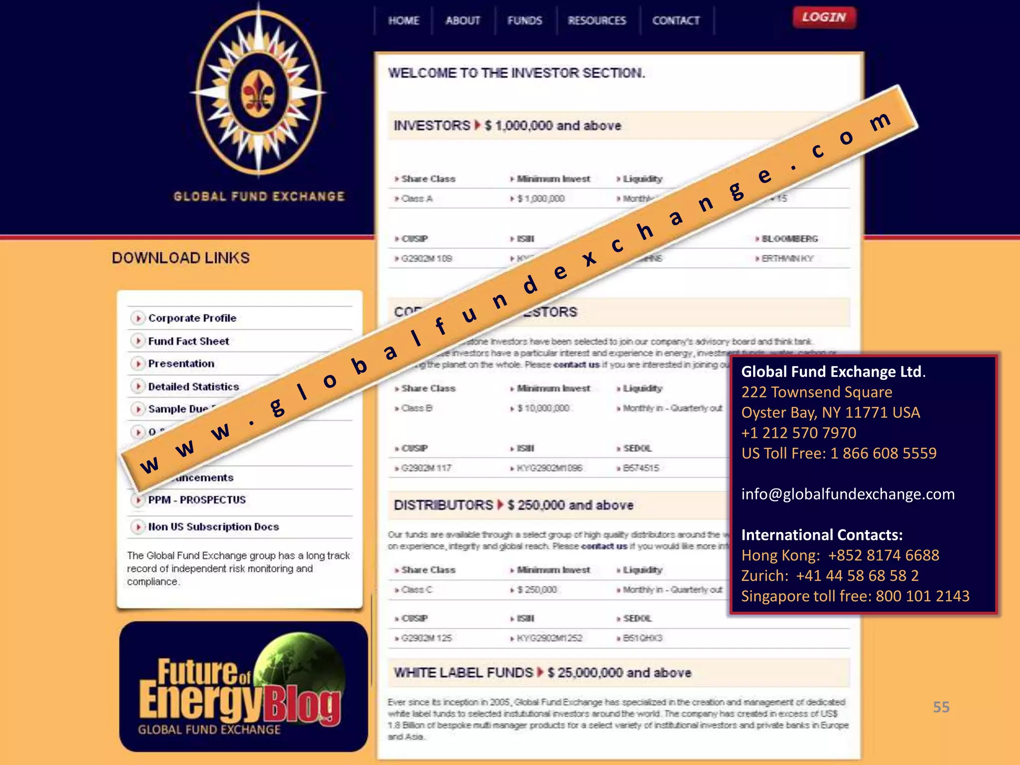 Global Fund Exchange Ltd.
222 Townsend Square
Oyster Bay, NY 11771 USA
+1 212 570 7970
US Toll Free: 1 866 608 5559

info@globalfundexchange.com

International Contacts:
Hong Kong: +852 8174 6688
Zurich: +41 44 58 68 58 2
Singapore toll free: 800 101 2143




                           55
 