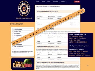 Global Fund Exchange Ltd.
222 Townsend Square
Oyster Bay, NY 11771 USA
+1 212 570 7970
US Toll Free: 1 866 608 5559

info@globalfundexchange.com

International Contacts:
Hong Kong: +852 8174 6688
Zurich: +41 44 58 68 58 2
Singapore toll free: 800 101 2143




                           55
 