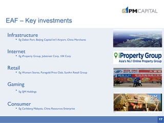 17
Infrastructure
 Eg Dalian Port, Beijing Capital Int’l Airport, China Merchants
Internet
 Eg iProperty Group, Jobstreet Corp, 104 Corp
Retail
 Eg Wumart Stores, Puregold Price Club, SunArt Retail Group
Gaming

Eg SJM Holdings
Consumer
 Eg Carlsberg Malaysia, China Resources Enterprise
EAF – Key investments
 