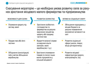 4
Скасування мораторію – це необхідна умова розвитку села за раху-
нок зростання місцевого малого фермерства та підприємництва
ПЕРЕВАГИ ДЛЯ СІЛЬСКОЇ МІСЦЕВОСТІ
РОЗВИТОК СЕЛЯНСТВА ВПЛИВ НА СОЦІАЛЬНУ СФЕРУМОЖЛИВОСТІ ДЛЯ СЕЛЯН
Об'єднання (консолідація)
паїв з метою збільшення
виробництва
Зростання споживання
товарів та послуг інших
малих підприємств у
сільській місцевості
Розвиток місцевої
інфраструктури (дороги,
електроенергія, газ)
Продаж паю або його
частини
Відкриття власної справи
на виручені кошти
(магазин, мале
виробництво і т.д.)
Розвиток соціальної
сфери (школи, лікарні,
місця для відпочинку)
Отримання кредиту під
заставу землі
Зростання особистого
господарства та
фермерства за рахунок
виручених грошей від
кредиту або продажу
частини паю
Збільшення надходжень у
місцеві бюджети за
рахунок пожвавлення
економічної активності на
селі
Джерело: експертні інтерв'ю, EasyBusiness
 