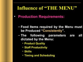 Influence of “THE MENU” Production Requirements: Food Items required by the Menu must be Produced “ Consistently ”.  The following parameters are all dictated by the Menu: Product Quality Staff Productivity Skills Timing and Scheduling   