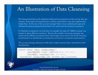 An Illustration of Data Cleansing
The dimensional data in the Applicant table had inconsistencies in the way the data was
entered. Some types of inconsistencies could be corrected by a view that implemented
simple fixes. In the case of the account manager field, a more sophisticated approach
utilizing the fuzzy grouping transformation was used to get the required consistency.

To illustrate its operation, we note that, for example, the data for “MMcConnaug” was
entered in three different variations. Because the number of account managers was
small and the differences between them big enough, it was easy for the Fuzzy Grouping
transformation to identify the inconsistencies and choose a consistent representation.

The account manager dimension table had a simple structure that is described via this
sql statement:

CREATE TABLE [dbo].[dimAcctMgr](
       [AcctMgrPK] [int] IDENTITY(1,1) NOT NULL,
       [AcctMgr] [varchar](20) NOT NULL,
 CONSTRAINT [dimAcctMgr_PK] PRIMARY KEY CLUSTERED
 