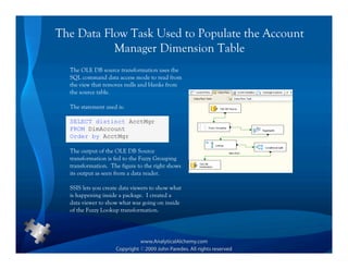 The Data Flow Task Used to Populate the Account
           Manager Dimension Table
  The OLE DB source transformation uses the
  SQL command data access mode to read from
  the view that removes nulls and blanks from
  the source table.

  The statement used is:

  SELECT distinct AcctMgr
  FROM DimAccount
  Order by AcctMgr

  The output of the OLE DB Source
  transformation is fed to the Fuzzy Grouping
  transformation. The figure to the right shows
  its output as seen from a data reader.

  SSIS lets you create data viewers to show what
  is happening inside a package. I created a
  data viewer to show what was going on inside
  of the Fuzzy Lookup transformation.
 
