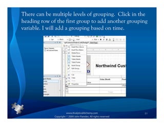 There can be multiple levels of grouping. Click in the
heading row of the first group to add another grouping
variable. I will add a grouping based on time.




                                                    51
 