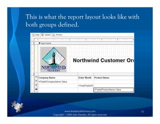 This is what the report layout looks like with
both groups defined.




                                                 55
 