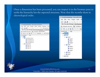 Once a dimension has been processed, you can inspect it in the browser pane to
verify the hierarchy has the expected structure. Note that the months show in
chronological order.




                                                                         76
 