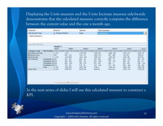 Displaying the Units measure and the Units Increase measure side-by-side
demonstrates that the calculated measure correctly computes the difference
between the current value and the one a month ago.




In the next series of slides I will use this calculated measure to construct a
KPI.



                                                                            88
 