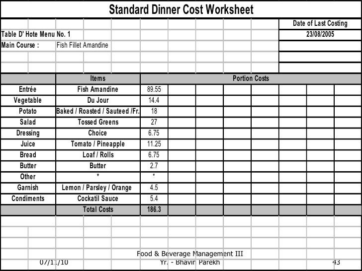 standard recepies standard specifications yield analysis standardized recipe cost sheet