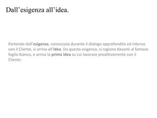 Dall’esigenza all’idea.
Partendo dall’esigenza, conosciuta durante il dialogo approfondito ed intenso
con il Cliente, si arriva all’idea. Da questa esigenza, si ragiona davanti al famoso
foglio bianco, e arriva la prima idea su cui lavorare proattivamente con il
Cliente.
 
