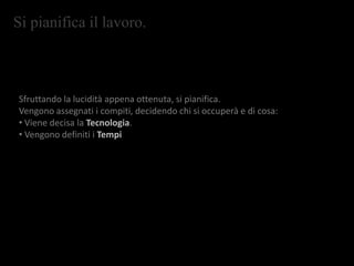 Si pianifica il lavoro.
Sfruttando la lucidità appena ottenuta, si pianifica.
Vengono assegnati i compiti, decidendo chi si occuperà e di cosa:
• Viene decisa la Tecnologia.
• Vengono definiti i Tempi
 