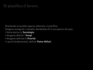 Si pianifica il lavoro.
Sfruttando la lucidità appena ottenuta, si pianifica.
Vengono assegnati i compiti, decidendo chi si occuperà e di cosa:
• Viene decisa la Tecnologia.
• Vengono definiti i Tempi
• Vengono definite le Priorità
• I punti fondamentali, definiti Pietre Miliari.
 