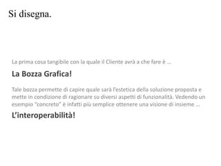 Si disegna.
La prima cosa tangibile con la quale il Cliente avrà a che fare è …
La Bozza Grafica!
Tale bozza permette di capire quale sarà l’estetica della soluzione proposta e
mette in condizione di ragionare su diversi aspetti di funzionalità. Vedendo un
esempio “concreto” è infatti più semplice ottenere una visione di insieme …
L’interoperabilità!
 